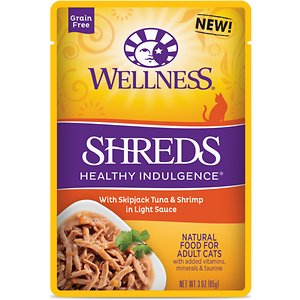 Wellness Healthy Indulgence Shreds with Skipjack Tuna & Shrimp in Light Sauce Grain-Free Wet Cat Food Pouches