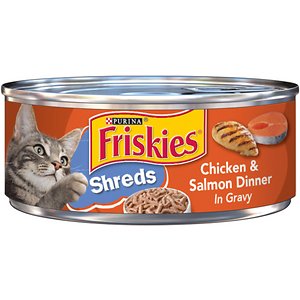 Image of Friskies Savory Shreds Chicken & Salmon Dinner in Gravy Canned Cat Food