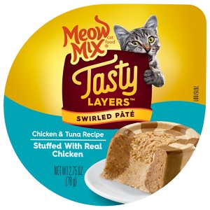 Meow Mix Tasty Layers Chicken & Tuna Recipe Stuffed with Real Chicken Swirled Paté Cat Food