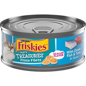 Friskies Tasty Treasures With Ocean Fish & Tuna & Scallop Flavor Wet Cat Food. 5.5-oz can