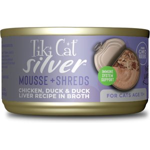 Image of Tiki Cat Silver Chicken, Duck & Duck Liver Recipe in Broth Senior Shreds & Mousse Wet Cat Food